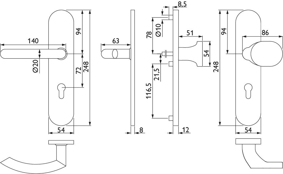 HERMAT Schutz-Wechselgarnitur mit Langschild BASIC 04 1804/2089.S/3128, Edelstahl