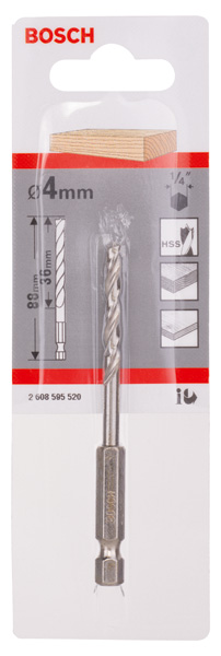 BOSCH Holzspiralbohrer mit 1/4 Zoll-Sechskantschaft, 4 x 43 x 88 mm