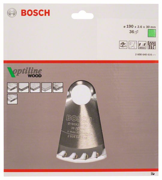 BOSCH Kreissägeblatt Optiline Wood für Handkreissägen, 190 x 30 x 2,6 mm, 36
