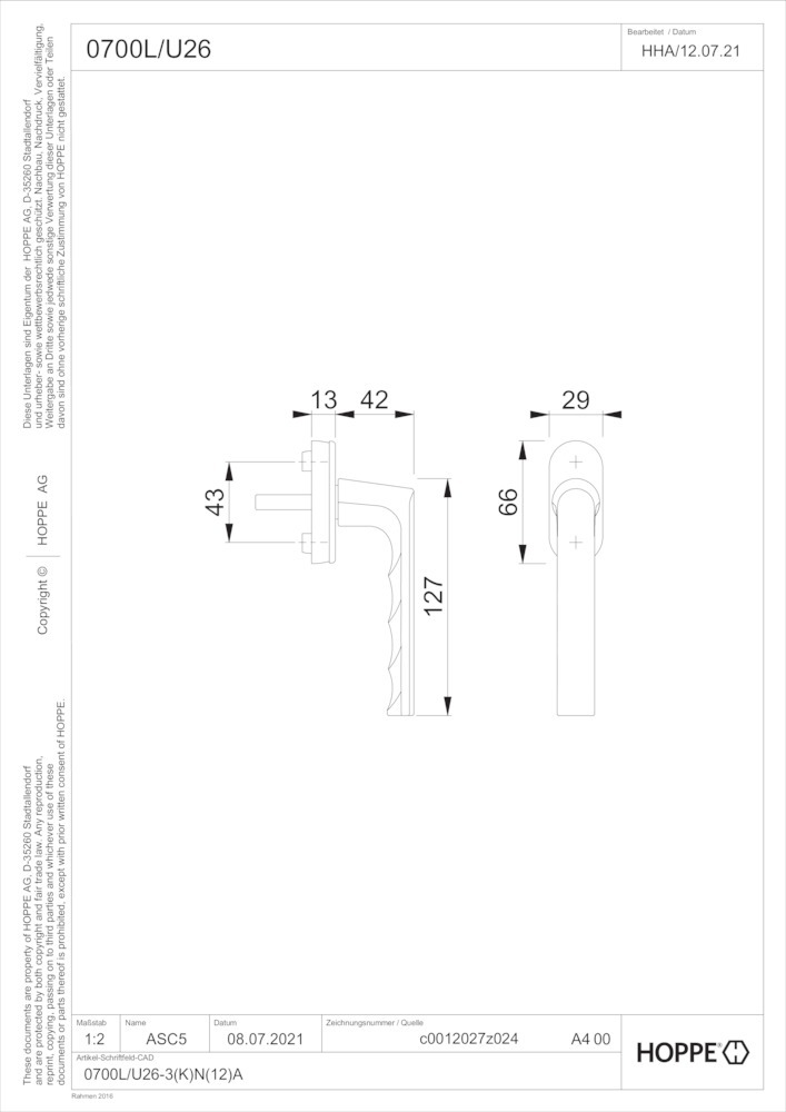 HOPPE® Fenstergriff Hamburg 0700L/U26, mit Schrauben, Aluminium, 11950080