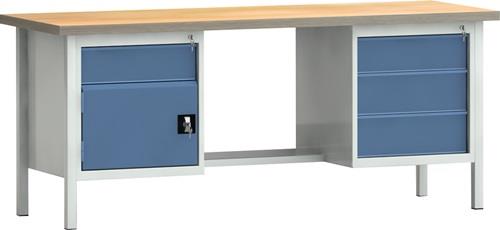 KLW-LUTZ BETRIEBSEINRICHTUNGEN Werkbank PW 700 B2000xT700xH840mm Buche Multiplex grau/brillantblau 4Schubl.1Tür