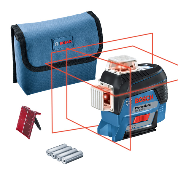 BOSCH Linienlaser GLL 3-80 C, mit 4 x 1,5-V-LR6-(AA)-Batterien, Akku-Adapter