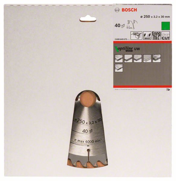 BOSCH Kreissägeblatt Optiline Wood für Tischkreissägen, 250 x 30 x 3,2 mm, 40