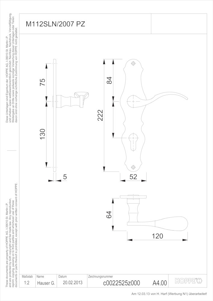 HOPPE® Drückergarnitur mit Langschild Weimar M112SLN/2007, Messing, 11923265