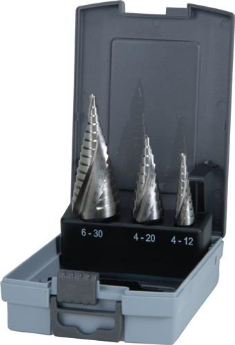 RUKO Stufenbohrersatz D.4-12/4-20/4-30mm HSS Spiralnut 3tlg.Ku.-Kass.RUKO