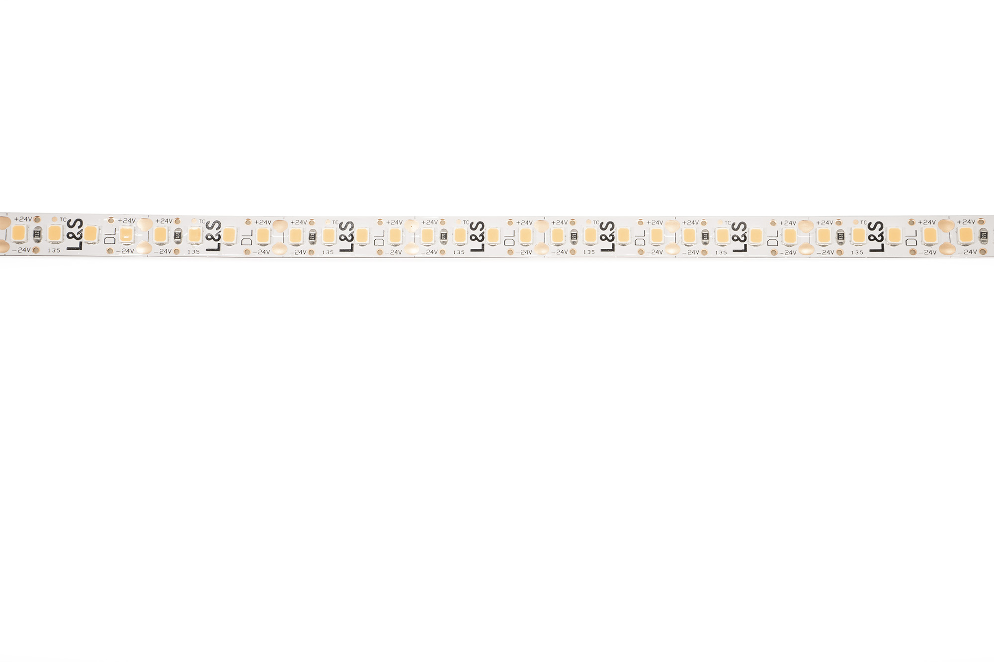 L&S LED-Band HE 160LEDs/m (2835), 2700K, 4 LEDs/25mm, 24DC, 8,6W/m, 8mmx5m, 2x Anschlussltg. 2000mm, white PCB, IP20