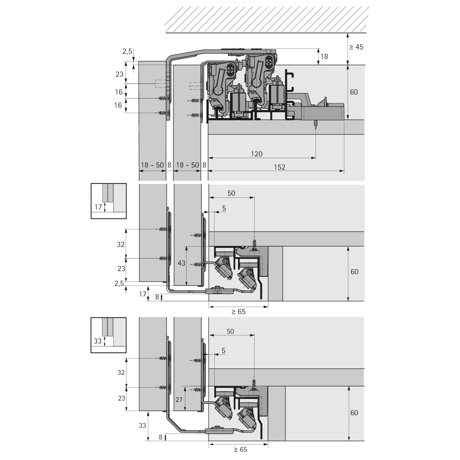 HETTICH TopLine XL, Set Lauf- und Führungsteile, STB 19, 17 mm , 32 - 40 mm, 100 kg, 3-türig, 9275783