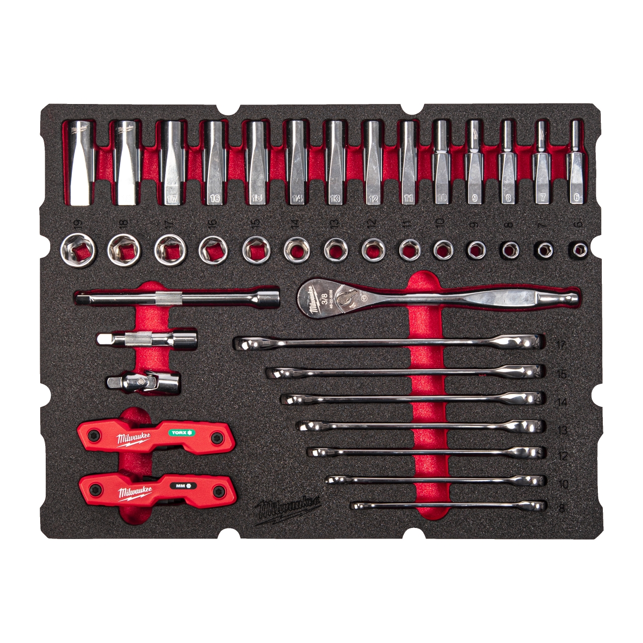 MILWAUKEE 55-teilige Einlage für PACKOUT Koffer mit Schubladen 3/8" Ratschen- u. Steckschlüsseleinsätze, Ratschen-Ringmaulschlüssel Einlage
