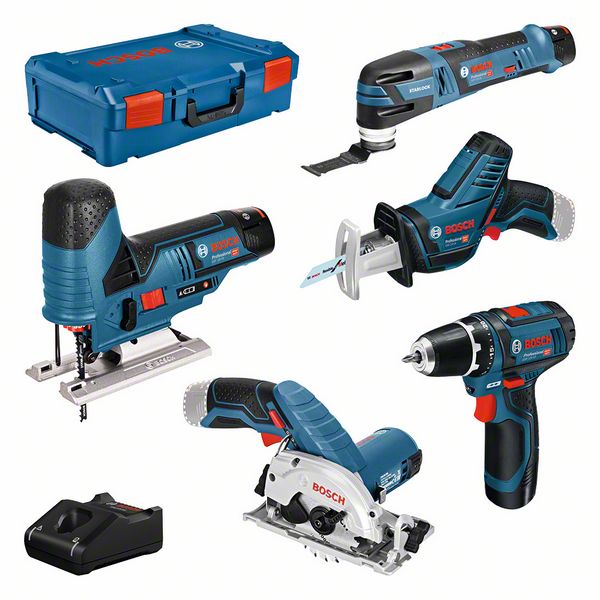 BOSCH 5er Werkzeug-Set 12V: GSR + GST + GOP + GKS + GSA + 3x GBA 3,0Ah + GAL + XL-BOXX