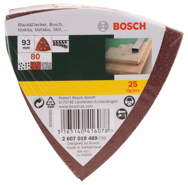 BOSCH Schleifblatt-Set für Deltaschleifer, 93 mm, 80, 6 Löcher, 25er-Pack