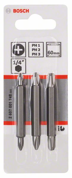 BOSCH Doppelklingenbit-Set, 3-teilig, PH1, PH1, PH2, PH2, PH3, PH3, 60 mm