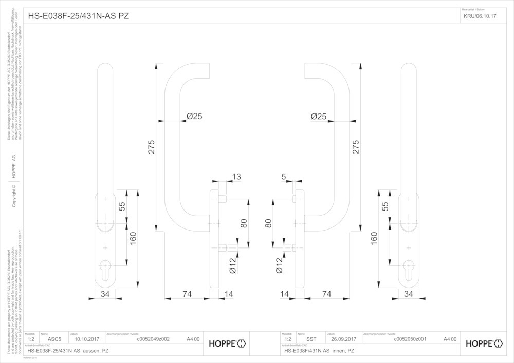 HOPPE® Handhebelgarnitur Paris HS-E038F-25/431N-AS, Edelstahl, 11631053