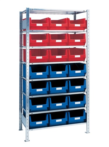 Nordwest Steckregal H2000xB1000xT500mm Grundregal 8 Stahlböden 12 x MK2 blau,9 x MK2 rot