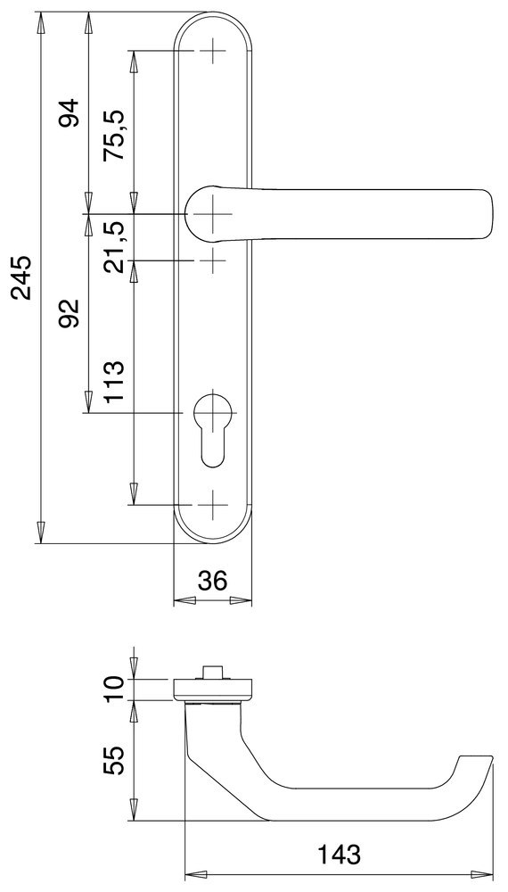EDI Drücker-Halbgarnitur mit Langschild Kronos 1200/0135, Aluminium