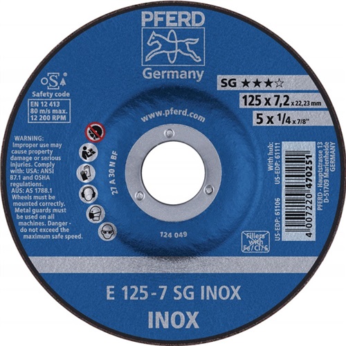 PFERD Schruppscheibe SG INOX D125xS4,1mm gekr.INOX Bohr.22,23mm PFERD