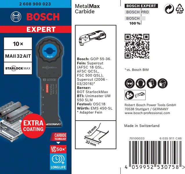 BOSCH EXPERT MetalMax MAII 32 AIT Blatt für Multifunktionswerkzeuge, 70 x 32 mm, 10 Stück. Für oszillierende Multifunktionswerkzeuge