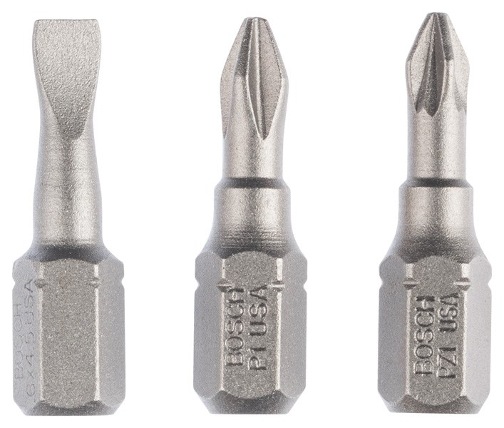 BOSCH Schrauberbit-Set Extra-Hart (gemischt), 3-teilig, S 0,6x4,5, PH1, PZ1, 25 mm