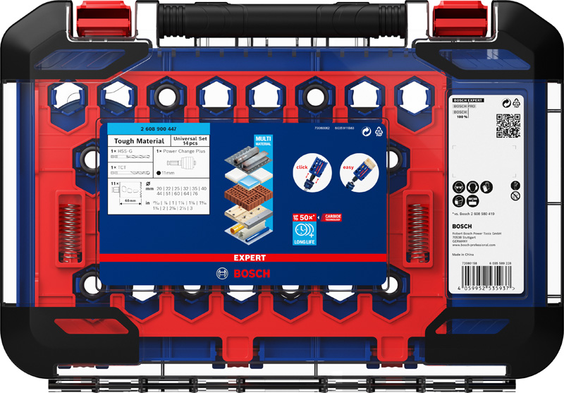 BOSCH EXPERT Tough Material Lochsäge-Set, 20/22/25/32/35/40/44/51/60/64/76 mm, 14-tlg.. Für Dreh- und Schlagbohrer