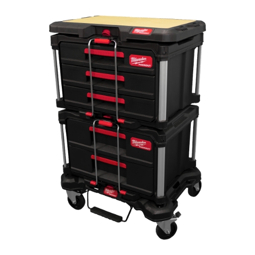 MILWAUKEE PACKOUT Rollbrett, Koffer mit 2 Schubladen, Koffer mit 3 Schubladen u. Holz-Arbeitsplatte PACKOUT Starter-Set Automotive 4-teilig