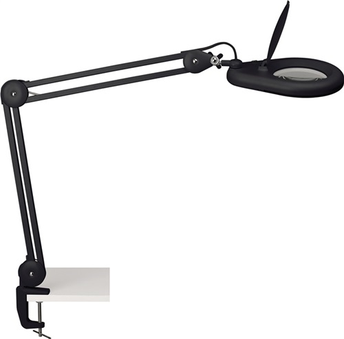 Nordwest LED-Lupenleuchte Glaslinse 127mm 5 Zoll Standfuß schwarz m.Abdeckung,runder Kopf