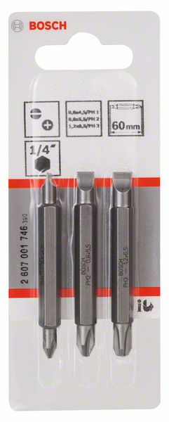 BOSCH Doppelklingenbit-Set, 3-teilig, S0,6x4,5, PH1, S0,8x5,5, PH2, S1,2x6,5, PH3,60mm