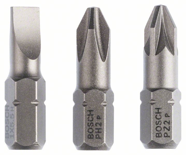 BOSCH Schrauberbit-Set Extra-Hart (gemischt), 3-teilig, S 1,0x5,5, PH2, PZ2, 25 mm