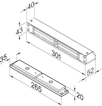 effeff Flächenhaftmagnet  827HA Aluminium - L: 301 mm - B: 43 mm - T:  - elektrisch, mit Haftgegenplatte, mit Verriegelungssensor - silber