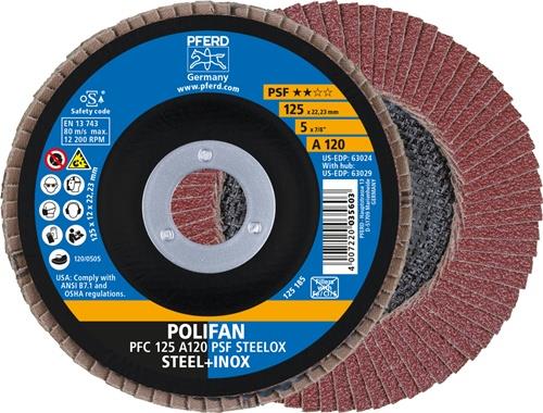 PFERD Fächerscheibe POLIFAN A PSF STEELOX D.125mm K.120 kon.Stahl/Holz Korund A PFERD