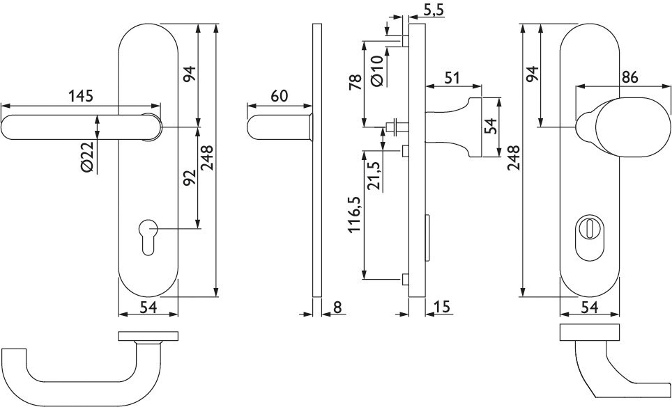 HERMAT Schutz-Wechselgarnitur mit Langschild BASIC 01 1801.Ø22/2089.KSH/3128, Edelstahl