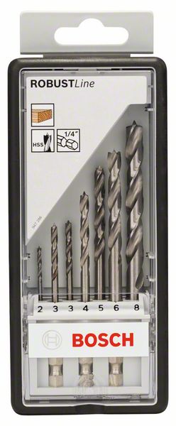 BOSCH Holzspiralbohrer-Set Robust Line, 1/4 Zoll-Sechskantschaft, 7-teilig, 2 - 8 mm
