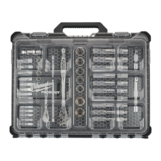 MILWAUKEE 63-teilig im PACKOUT Organiser Compact Ratschen- und Steckschlüsseleinsatz Set 1/4" und 1/2" metrisch und imperial