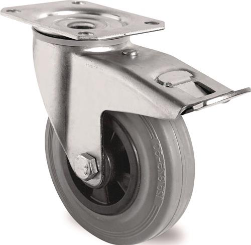 Lenkrolle mit Totalfeststeller mit Anschraubplatte Rollenlager Vollgummi grau TECWERK