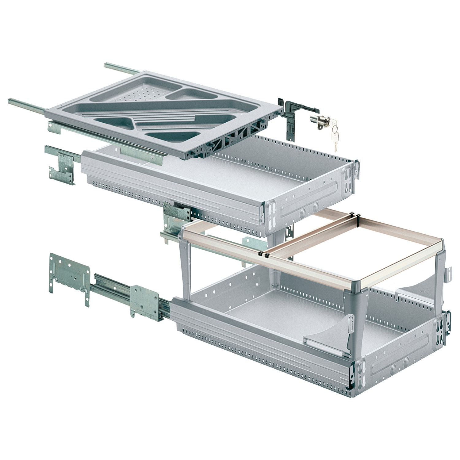 HETTICH Container-Set mit Teil- und Überauszügen, Silent System, 392 x 730, Aluminium Optik, 46742