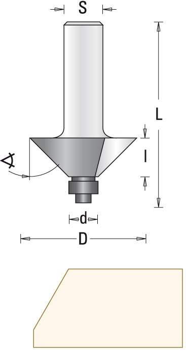 GUHDO HW-Fasefräser Z2 S8 D31,8 45° l=12,7 L=54,5 mit Anlauflager d9,5