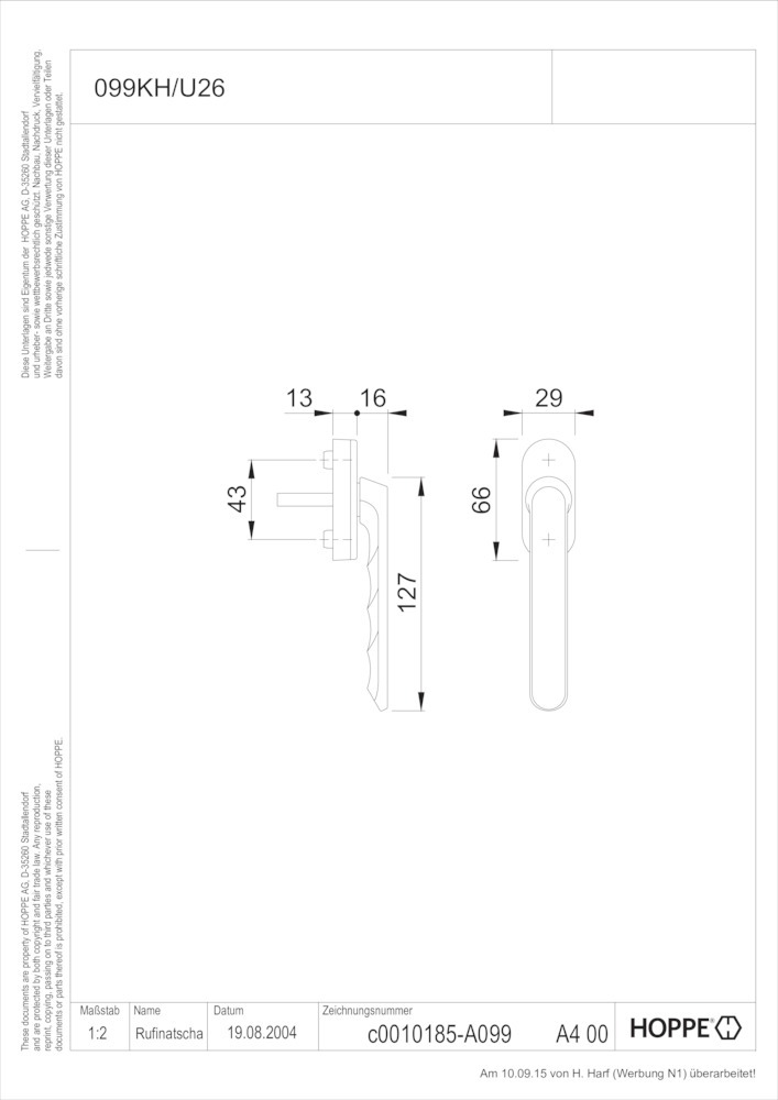 HOPPE® Fenstergriff Luxembourg 099KH/U26, ohne Schrauben, Aluminium, 2589111