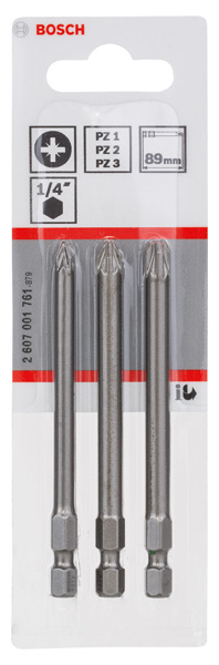 BOSCH Schrauberbit-Set Extra-Hart, 3-teilig, PZ1, PZ2, PZ3, 89 mm