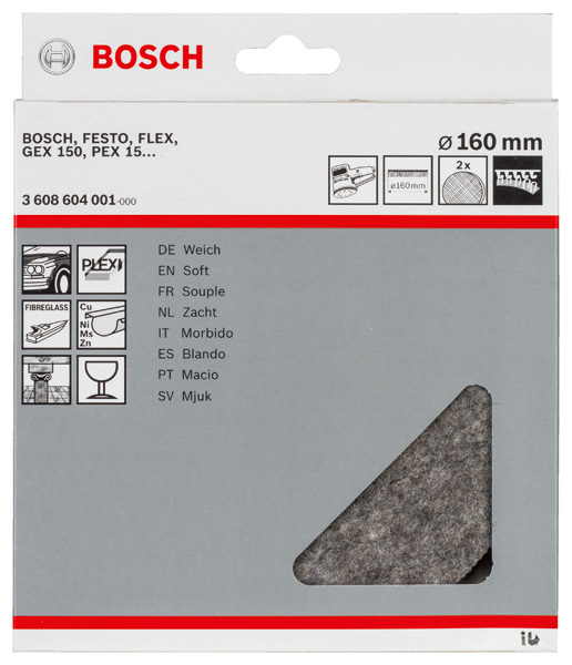 BOSCH Polierfilz für Exzenterschleifer, weich, Klett, 160 mm, 2er-Pack