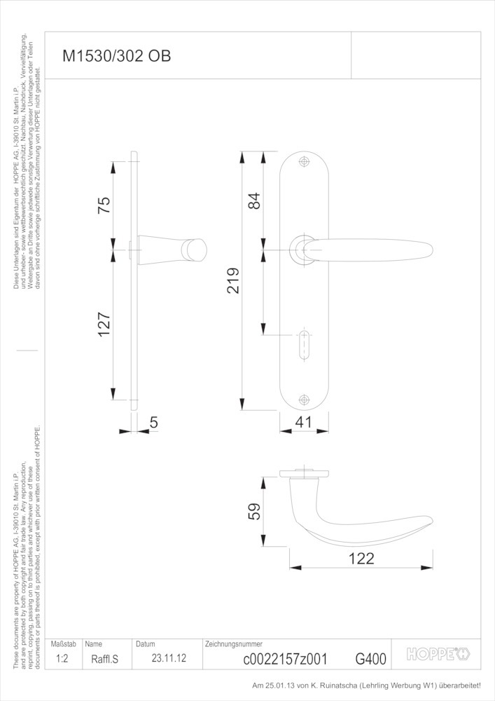 HOPPE® Drückergarnitur mit Langschild Atlanta M1530/302, Messing, 2804037