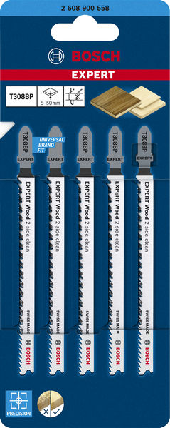 BOSCH EXPERT ‘Wood 2-side clean’ T 308 BP Stichsägeblatt, 5 Stück. Für Stichsägen