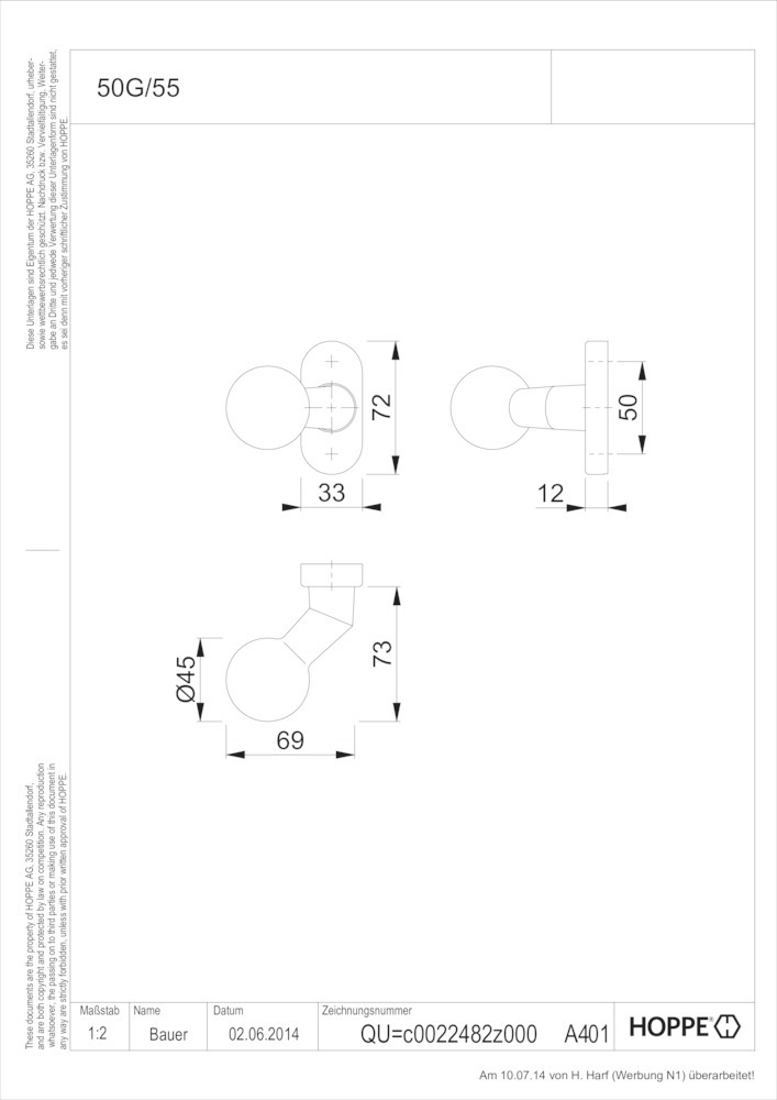 HOPPE® Knopf auf Rosette 50G/55, feststehend, Aluminium, 11953792