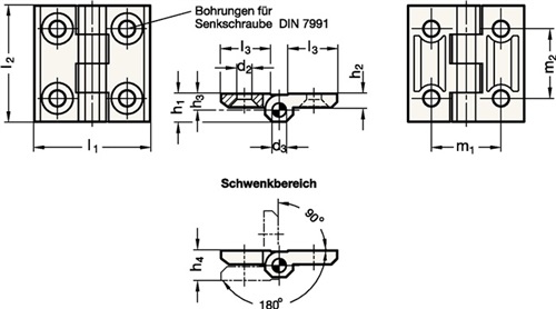 GANTER Scharnier GN 237 H.50mm B.50mm S.2mm Zink-Druckguss m.Bohrungen f.Senkschrauben