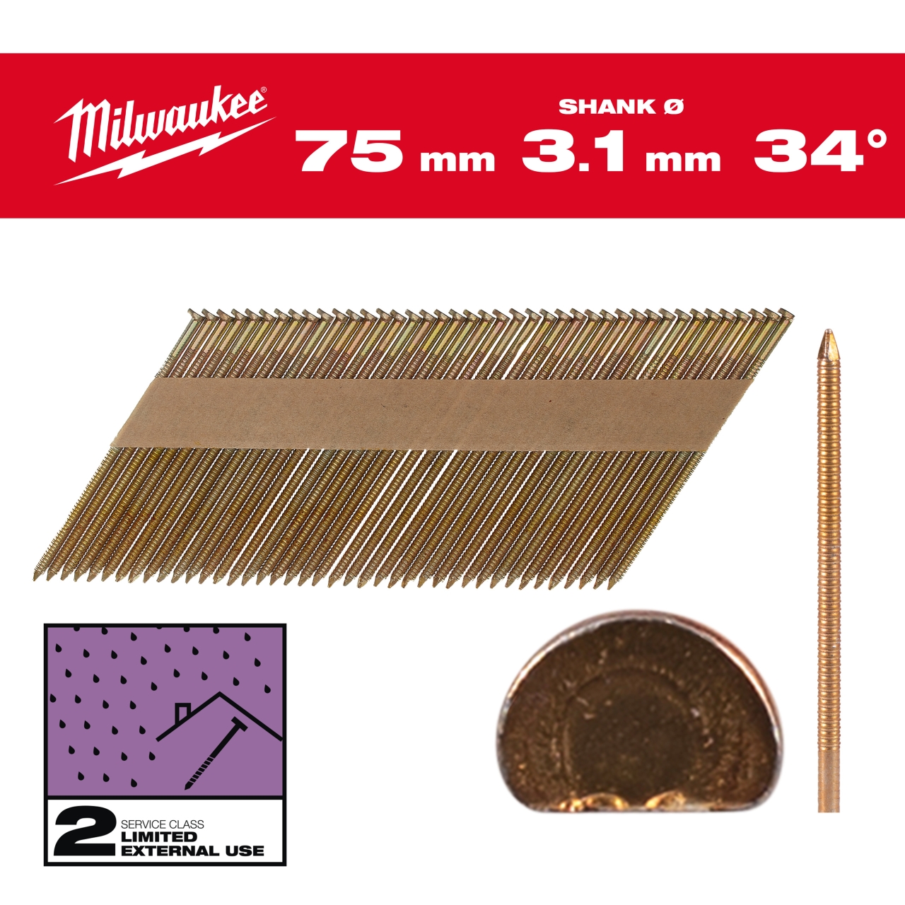 7,4 x 3,1 x 75 mm, Ringschaft verzinkt, 34° D-Kopf-Nägel für M18FFN