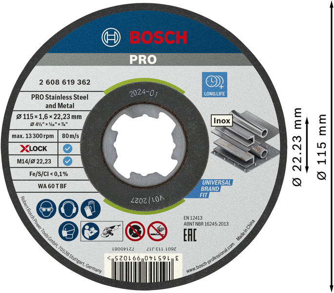 BOSCH X-LOCK Standard for Inox, T41, 115 x 1,6 x 22,23 mm