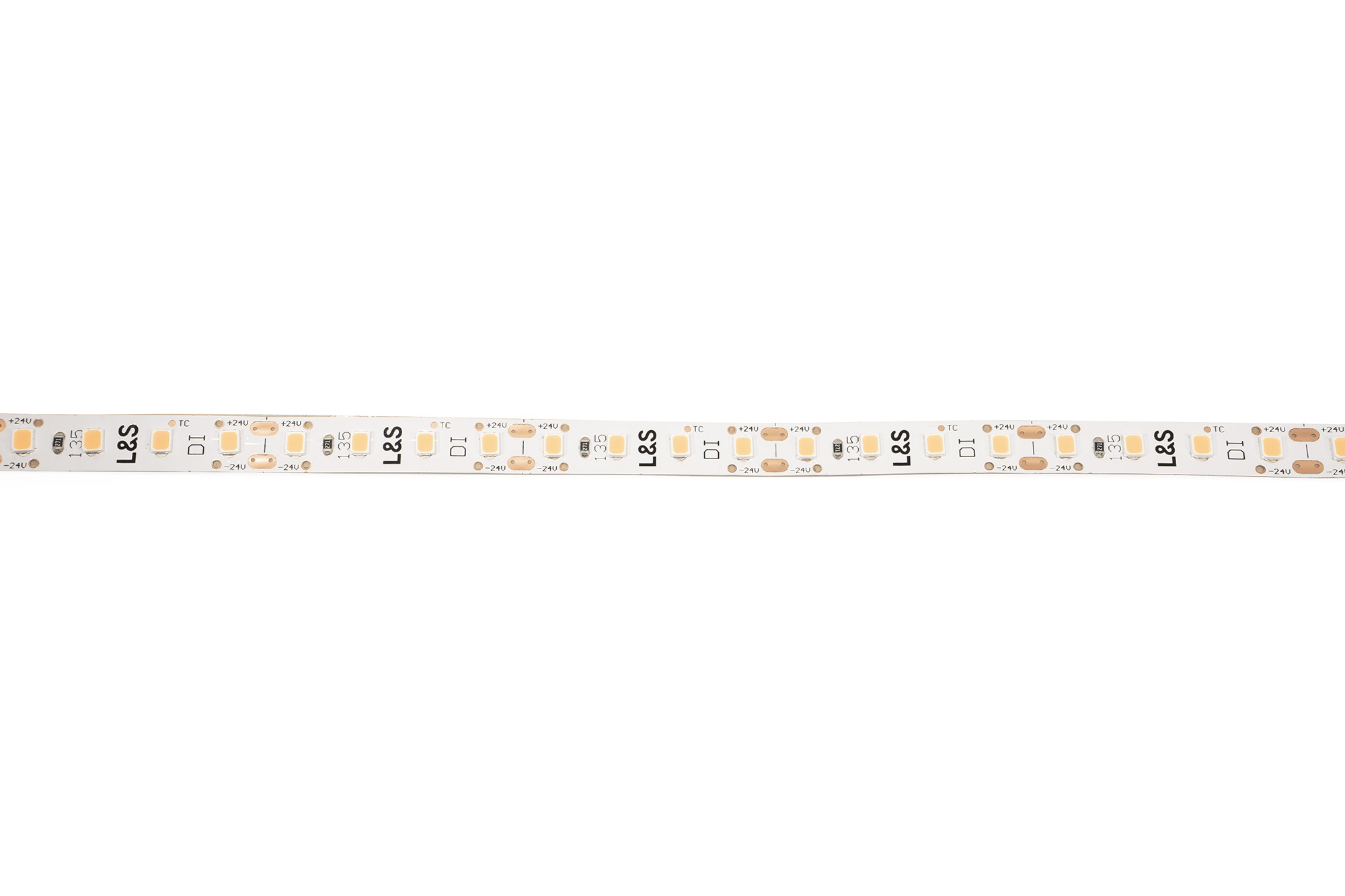 L&S LED-Band HE 112LEDs/m (2835), 2700K, 4LEDs/35,7mm, 24DC, 6,3W/m, 8mmx321mm, 1x Anschlussltg. 300mm, white PCB, IP20