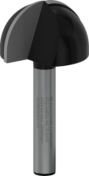 BOSCH Hohlkehlfräser 6 mm, R1 12,7 mm, D 25,4 mm, L 15,6 mm, G 49 mm