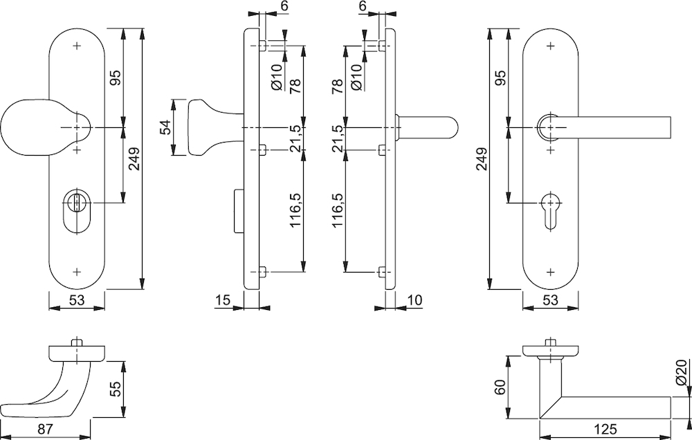 HOPPE® Schutz-Wechselgarnitur mit Langschild Amsterdam E86G/3332ZA/3310/1400Z, 10/92 mm, ES 1 (SK2), Edelstahl