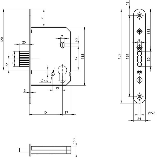 effeff Riegel-Einsteckschloss OneSystem N1003, Flachstulp