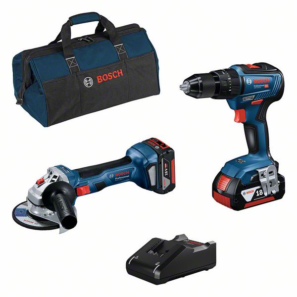 BOSCH Combo Kit 18V kit: GSB + GWS, 2 x Akku GBA 18V 4.0Ah, Schnellladegerät, Tasche