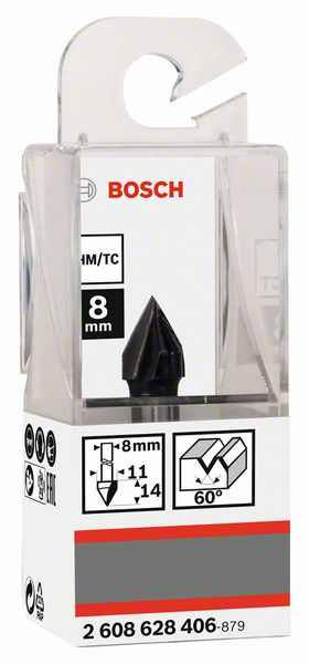 BOSCH V-Nutfräser Standard for Wood mit 8 mm Schaft, D1 11 mm, L 14 mm, G 45 mm, 60°