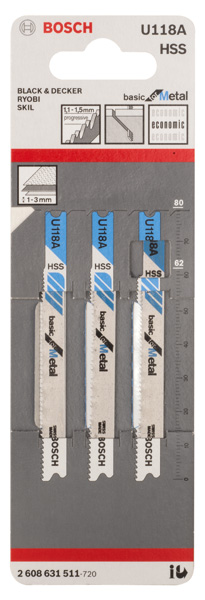 BOSCH Stichsägeblatt U 118 A Basic for Metal, 3er-Pack